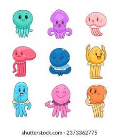 Carácter pulpo del mundo submarino. Animales acuáticos de dibujos animados. Vida marina. Dibujo de vectores. Colección de elementos de diseño.