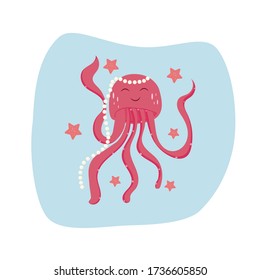 Octopus as a character. Vector illustration. Flat drawing style. The octopus on the head is a pearl hoop.