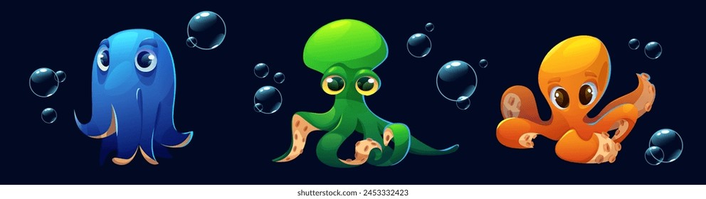 Pulpo caracteres establecidos aislados sobre fondo negro. Ilustración de dibujos animados de Vector de animales submarinos azules, verdes, amarillos con tentáculos y ojos grandes, burbujas en el agua del mar o del océano, mascota marina