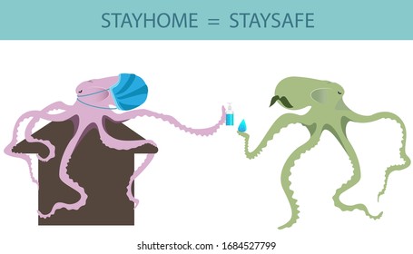 Octopus charactor cartoon wearing face mask stay home for prevention from Covid-19 with hand gel isolate vector