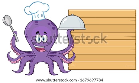 Octopus Chef Cartoon Character Serving Food To Wooden Blank Board. Vector Illustration Isolated On White Background