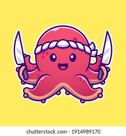 Octopus Chef Holding Knife Cartoon Vector Icon Illustration. Animal Food Icon Concept Isolated Premium Vector. Flat Cartoon Style