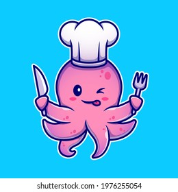 Octopus Chef Holding Knife And Fork Cartoon Vector Icon Illustration. Animal Food Icon Concept Isolated Premium Vector. Flat Cartoon Style