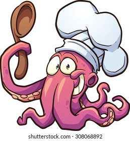 Octopus chef holding a spoon. Vector clip art illustration with simple gradients. All in a single layer.