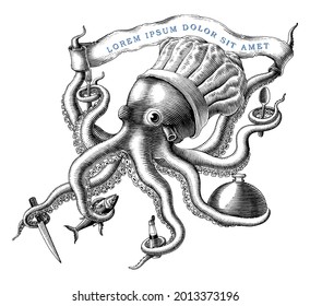 The Octopus chef logo design hand draw vintage engraving style black and white clipart isolated on white background