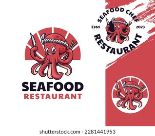 Diseño del logotipo de la mascota del chef Octopus. Mascota de dibujos animados divertidos y divertidos, perfecta para los negocios gastronómicos y las marcas