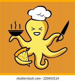 octopus chef prepares pizza and soup 