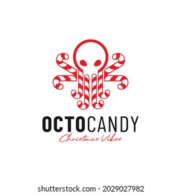 Octopus Christmas Candy Logo Design Template. Octopus with 8 Red and White Tentacle Candy. Christmas and Animal themed logo