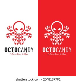 Octopus Christmas Candy Logo Design Template. Octopus with 8 Red and White Tentacle Candy. Christmas and Animal themed logo.