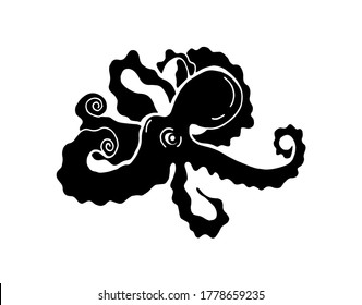 Octopus. Clipart for t-shirt, clothing. Sticker. Marine life. Cute print. Design of the logo of marine animals. Doodle style. Octopus with large tentacles on a white background. Vector illustration.
