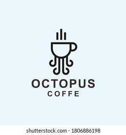 octopus coffee logo design combination with coffee cup and tentacle vector illustration on white background