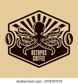 Octopus coffee vector emblem, badge, label or logo concept vintage illustration