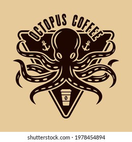 Octopus coffee vector logo concept in vintage style illustration