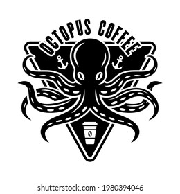 Octopus coffee vector logo concept in vintage black and white style isolated