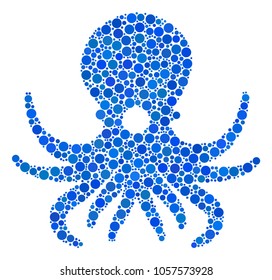 Octopus collage of round dots in different sizes and color tones. Circle dots are combined into octopus vector illustration. Vector illustration.