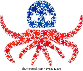 Octopus collage of stars in various sizes and color tinges. Octopus illustration uses American official blue and red colors of Democratic and Republican political parties, and star parts.