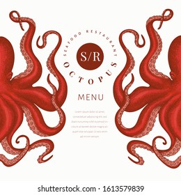 Octopus colored banner template. Hand drawn vector seafood illustration. Engraved style squid. Vintage menu design