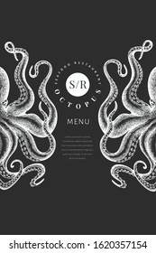 Octopus colored banner template. Hand drawn vector seafood illustration on chalk board. Engraved style squid. Retro menu design