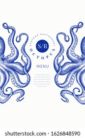 Octopus colored banner template. Hand drawn vector seafood illustration. Engraved style squid. Retro menu design