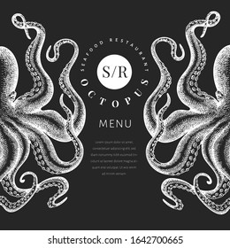 Octopus colored banner template. Hand drawn vector seafood illustration on chalk board. Engraved style squid. Retro menu design
