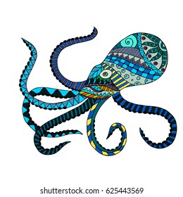 Octopus colorful doodle with abstract pattern. Vector illustration. Hand drawn zentangle. Ornamental pattern for print, poster, tattoo and t-shirt design. Made by trace from sketch.