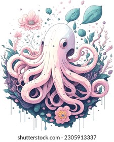 Octopus colorful water color flower splash with high detailed 3D illustration artwork for t-shirt design and printable art décor flowers and leaves splash