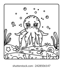 Octopus coloring book. Cute underwater animal smiles and waves its tentacles. Friendly ocean mollusk on the seabed among seaweed, shells. Hand drawn outline,  black doodle. Funny sea pet for kids
