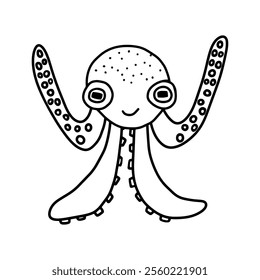 Octopus coloring doodle sketch. Hand drawn black and white vector artwork. Cute simple silhouette ideal for preschool, kinder garden. Easy outline graphic illustration for child. Printable worksheet.