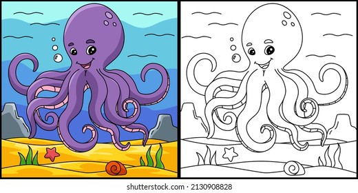 Octopus Coloring Page Colored Illustration