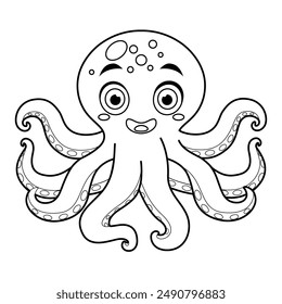 Octopus coloring page for kids. Coloring book for toddlers with octopus in line art style
