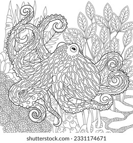 Octopus coloring page. Outline sea design in mandala and zentangle style