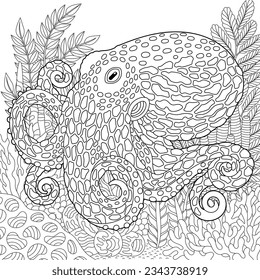 Octopus coloring page. Underwater colouring design.