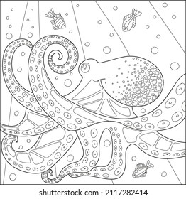 Octopus coloring page, underwater world with fish, waves.