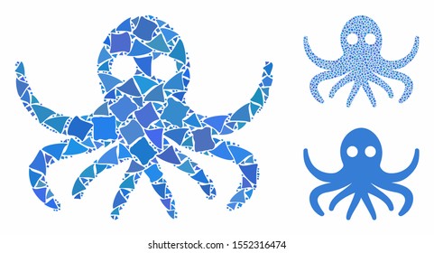 Octopus composition of rugged items in different sizes and shades, based on octopus icon. Vector rugged elements are combined into collage. Octopus icons collage with dotted pattern.
