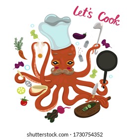 Octopus cook isolate on a white background. Lettering Lets Cook. Vector graphics.