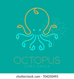 Octopus and Coral logo icon outline stroke set dash line design illustration blue orange and yellow color isolated on green turquoise background with Octopus text and copy space, vector eps10