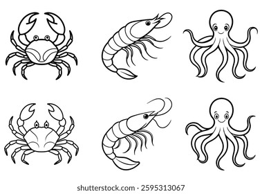 octopus, crab, lobster line art bundle on white background, lobster, crab, octopus.