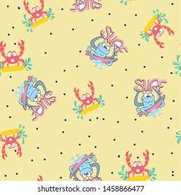 OCTOPUS AND CRAB PATTERN. YELLOW BACKGROUND MEN KIDS PATTERN