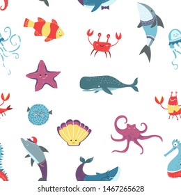 Octopus and crayfish seafood raw oceanic animals seamless pattern vector aquatic creatures fish and nautical tropical wildlife dwellers, squid and whale starfish shrimp and swimming nautilus sea