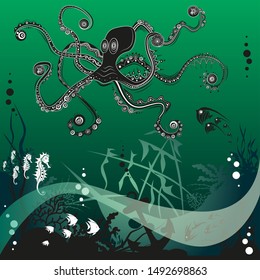 Octopus creative underwater life pattern with green background. Vector artistic illustration.
