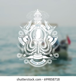 Octopus with Cross Harpoons and Lighthouse Behind. Marine Vintage Label On Blurred Sea Photo Background