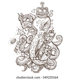 Octopus in the Crown with the red rose outline sketch of a tattoo. Monochrome illustration for design t-shirts and other items. Sea monster sticker. Illustration for coloring.