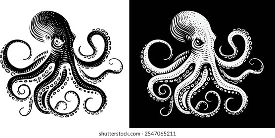 An octopus or cthulhu tattoo style woodcut kraken mascot squid concept

