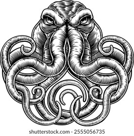 An octopus or cthulhu tattoo style woodcut kraken mascot squid concept