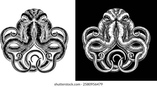 An octopus or cthulhu tattoo style woodcut kraken mascot squid concept