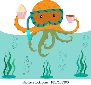 Octopus with cupcake and coffee vector image 