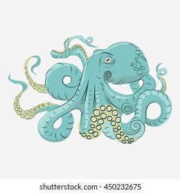 Octopus with curling tentacles swimming underwater, hand drawn vector cartoon