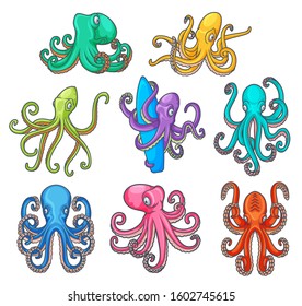 Octopus with curved tentacles, vector ocean or sea cartoon monsters. Cute marine animals with colorful arms and suckers holding surfboard, underwater wildlife