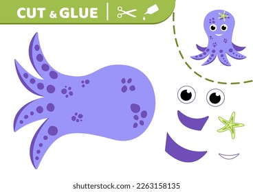 Octopus. Cut and glue.  Purple octopus. Applique. Paper education game. Flat, cartoon. Isolated vector illustration eps 10