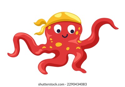 Octopus cute animal character wearing pirate hat. Cartoon childish personage or drawing with tentacles. Marine and sealife creatures. Sea or ocean dweller portrait. Vector in flat style illustration